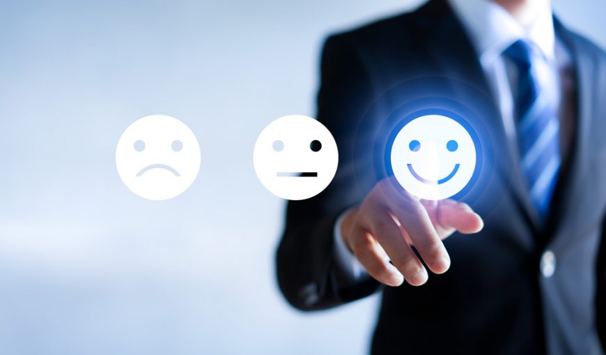Businessman pressing happy icon, Customer service evaluation con