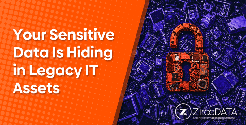 An orange padlock surrounded by circuit boards and computer components, representing data security risks in legacy IT assets — ZircoDATA ITAD blog