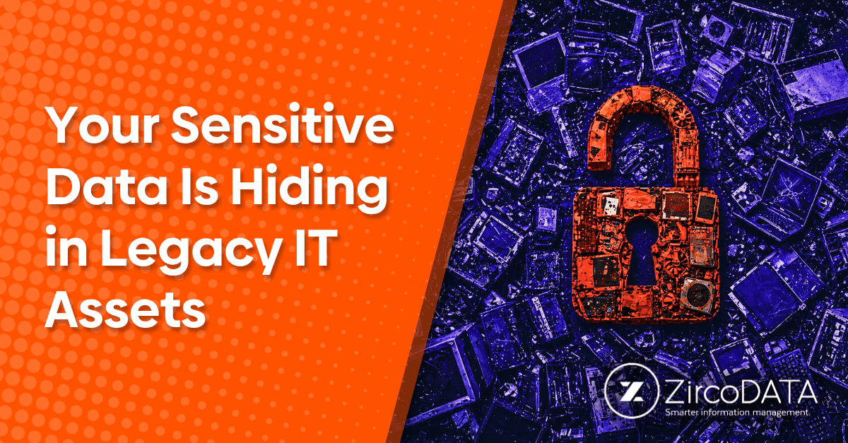 An orange padlock surrounded by circuit boards and computer components, representing data security risks in legacy IT assets — ZircoDATA ITAD blog
