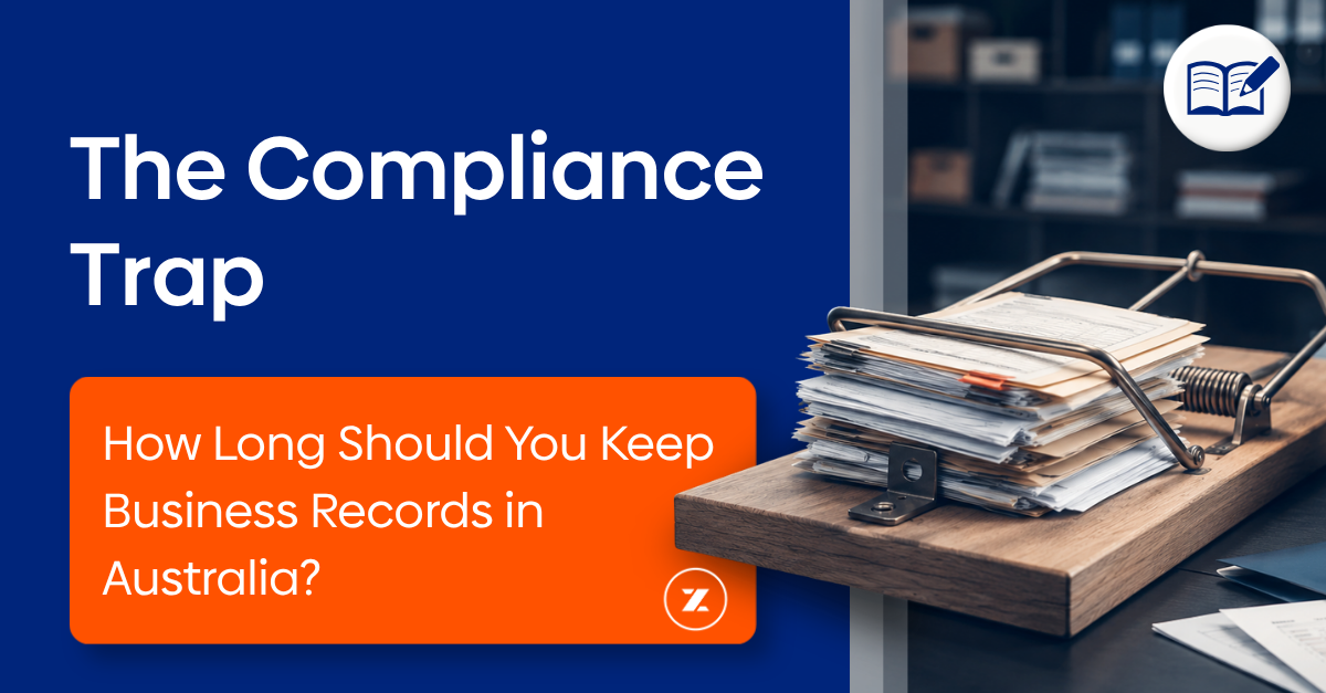 Stack of business records caught in a mousetrap, representing the compliance risks of poor document retention and destruction practices.