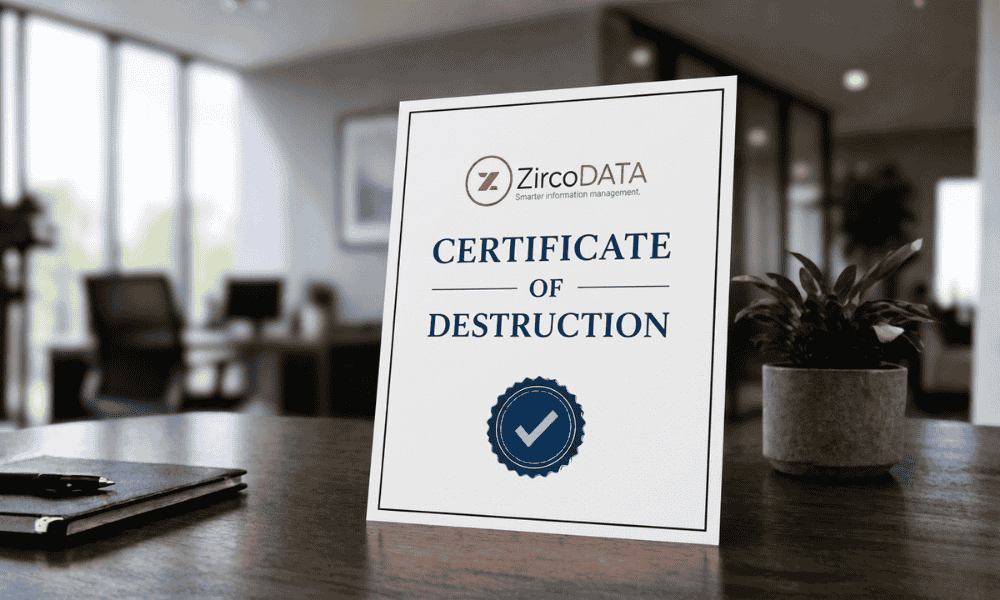 A professional Certificate of Destruction from ZircoDATA featuring their orange and blue logo, centered on high-quality textured paper. The certificate includes a blue security seal with a light blue checkmark, set against a modern, softly blurred office background.
