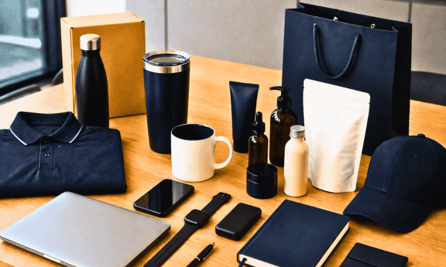 An assortment of consumer products and corporate assets including a laptop, smartphone, branded polo shirt, cap, coffee tumblers, and cosmetics bottles laid out on a wooden surface, representing ZircoDATA's product destruction capabilities.