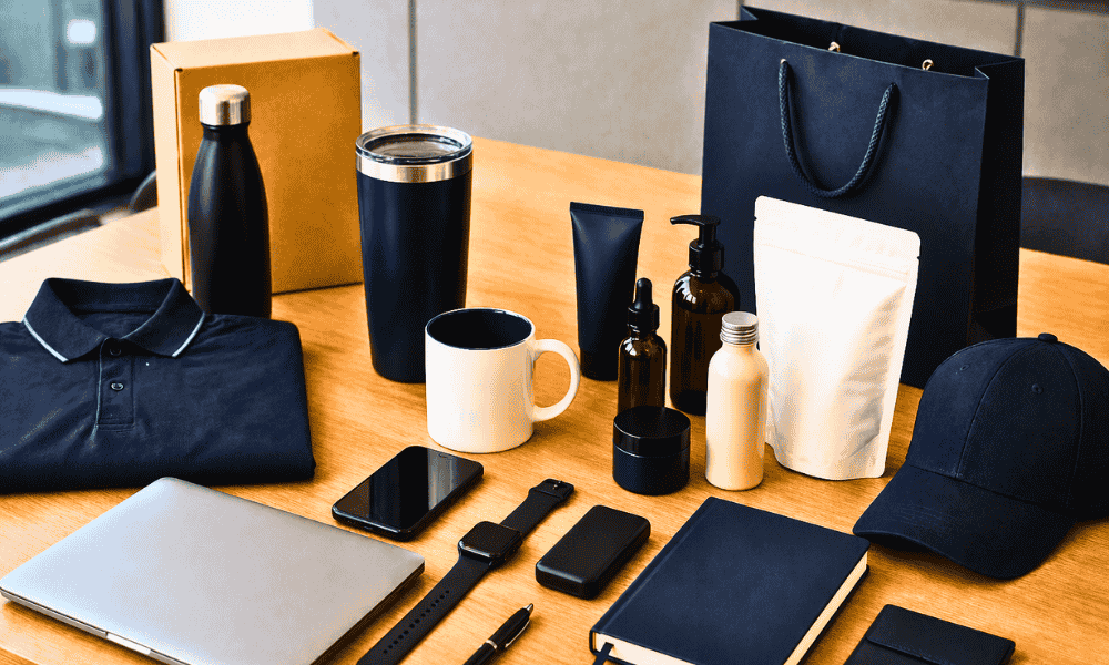 An assortment of consumer products and corporate assets including a laptop, smartphone, branded polo shirt, cap, coffee tumblers, and cosmetics bottles laid out on a wooden surface, representing ZircoDATA's product destruction capabilities.